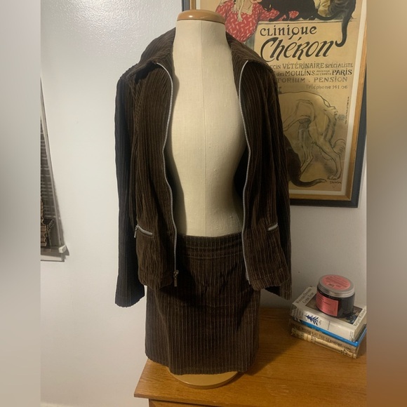 Ellemenno Vintage 90s Y2K Dark Brown Corduroy Jacket M & Mini Skirt 11 - Picture 2 of 12